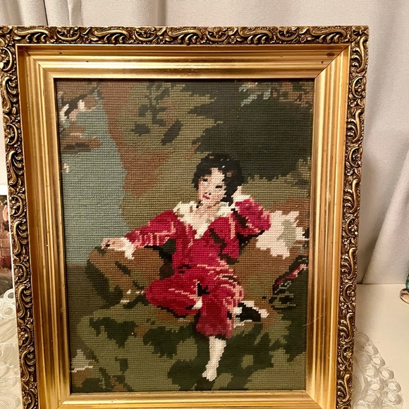 Vintage Framed Needlepoint of The Red Boy // Ornate Gold Frame - Picture 2 of 7
